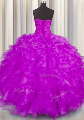 Noble Fuchsia Ball Gowns Sweetheart Sleeveless Organza Floor Length Lace Up Beading and Ruffles Sweet 16 Dress