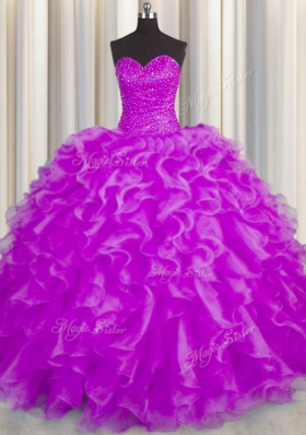 Noble Fuchsia Ball Gowns Sweetheart Sleeveless Organza Floor Length Lace Up Beading and Ruffles Sweet 16 Dress