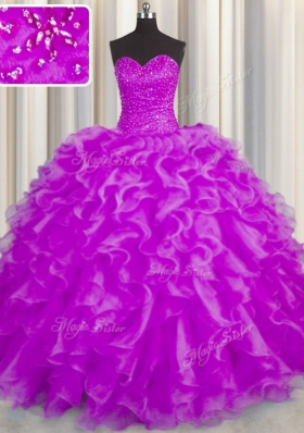 Noble Fuchsia Ball Gowns Sweetheart Sleeveless Organza Floor Length Lace Up Beading and Ruffles Sweet 16 Dress