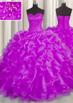 Noble Fuchsia Ball Gowns Sweetheart Sleeveless Organza Floor Length Lace Up Beading and Ruffles Sweet 16 Dress
