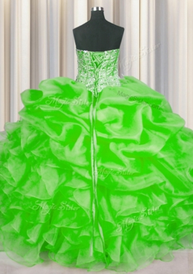 Organza Lace Up Sweetheart Sleeveless Floor Length 15th Birthday Dress Beading and Ruffles and Pick Ups