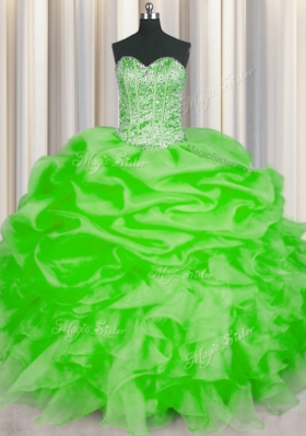 Organza Lace Up Sweetheart Sleeveless Floor Length 15th Birthday Dress Beading and Ruffles and Pick Ups