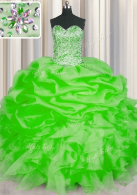 Organza Lace Up Sweetheart Sleeveless Floor Length 15th Birthday Dress Beading and Ruffles and Pick Ups