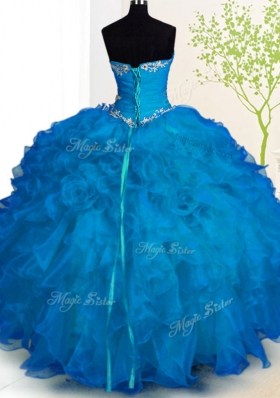 Organza Sweetheart Sleeveless Lace Up Beading and Ruffles Quinceanera Dress in Blue