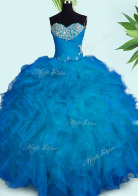 Organza Sweetheart Sleeveless Lace Up Beading and Ruffles Quinceanera Dress in Blue