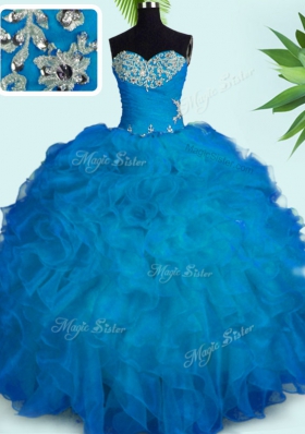 Organza Sweetheart Sleeveless Lace Up Beading and Ruffles Quinceanera Dress in Blue