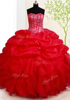 Pretty Red Ball Gowns Beading and Ruffles and Pick Ups Sweet 16 Quinceanera Dress Lace Up Organza Sleeveless Floor Length