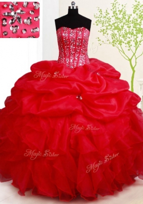 Pretty Red Ball Gowns Beading and Ruffles and Pick Ups Sweet 16 Quinceanera Dress Lace Up Organza Sleeveless Floor Length