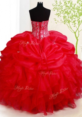 Pretty Red Ball Gowns Beading and Ruffles and Pick Ups Sweet 16 Quinceanera Dress Lace Up Organza Sleeveless Floor Length