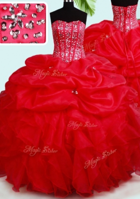 Pretty Red Ball Gowns Beading and Ruffles and Pick Ups Sweet 16 Quinceanera Dress Lace Up Organza Sleeveless Floor Length