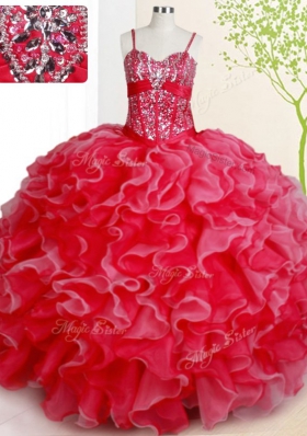 Red Lace Up Quinceanera Gowns Beading and Ruffles Sleeveless Floor Length