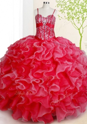 Red Lace Up Quinceanera Gowns Beading and Ruffles Sleeveless Floor Length