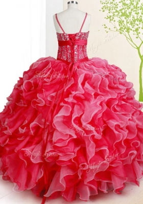 Red Lace Up Quinceanera Gowns Beading and Ruffles Sleeveless Floor Length