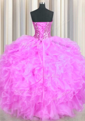 Sleeveless Floor Length Beading and Ruffles Lace Up Sweet 16 Dress with Lilac