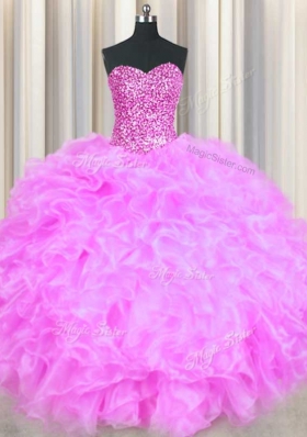 Sleeveless Floor Length Beading and Ruffles Lace Up Sweet 16 Dress with Lilac