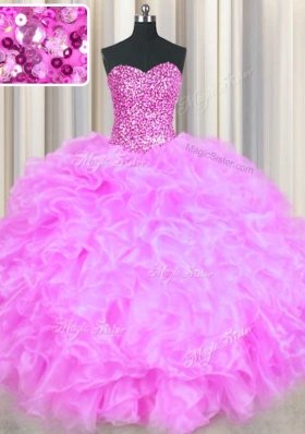 Sleeveless Floor Length Beading and Ruffles Lace Up Sweet 16 Dress with Lilac