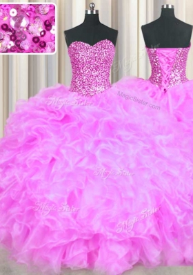 Sleeveless Floor Length Beading and Ruffles Lace Up Sweet 16 Dress with Lilac