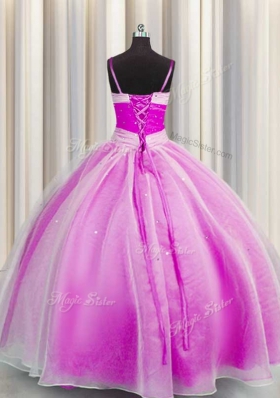 Spaghetti Straps Fuchsia Lace Up Quinceanera Dress Beading and Sequins and Ruching Sleeveless Floor Length