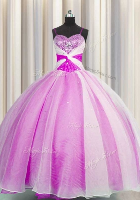 Spaghetti Straps Fuchsia Lace Up Quinceanera Dress Beading and Sequins and Ruching Sleeveless Floor Length