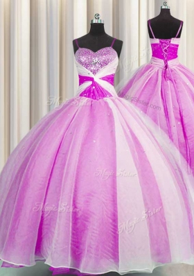 Spaghetti Straps Fuchsia Lace Up Quinceanera Dress Beading and Sequins and Ruching Sleeveless Floor Length