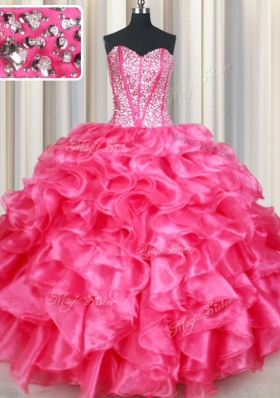 Sumptuous Hot Pink Organza Lace Up 15 Quinceanera Dress Sleeveless Floor Length Beading and Ruffles