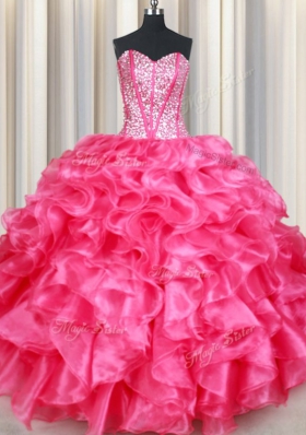 Sumptuous Hot Pink Organza Lace Up 15 Quinceanera Dress Sleeveless Floor Length Beading and Ruffles