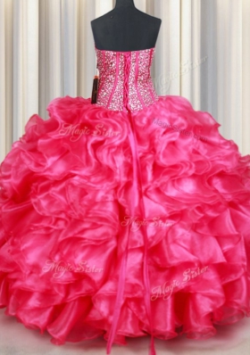 Sumptuous Hot Pink Organza Lace Up 15 Quinceanera Dress Sleeveless Floor Length Beading and Ruffles