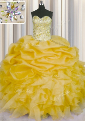 Sweet Pick Ups Gold Sleeveless Organza Lace Up Quinceanera Dress for Military Ball and Sweet 16 and Quinceanera