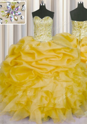Sweet Pick Ups Gold Sleeveless Organza Lace Up Quinceanera Dress for Military Ball and Sweet 16 and Quinceanera
