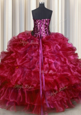 Vintage Hot Pink Organza Lace Up Quinceanera Dresses Sleeveless Floor Length Beading and Ruffles