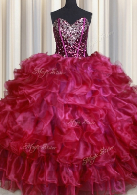 Vintage Hot Pink Organza Lace Up Quinceanera Dresses Sleeveless Floor Length Beading and Ruffles