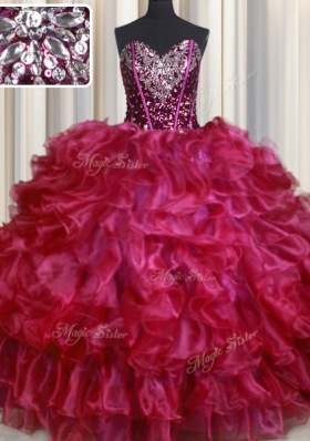 Vintage Hot Pink Organza Lace Up Quinceanera Dresses Sleeveless Floor Length Beading and Ruffles