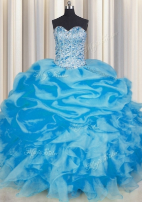 Wonderful Blue Ball Gowns Beading and Ruffles and Pick Ups Quince Ball Gowns Lace Up Organza Sleeveless Floor Length