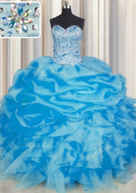 Wonderful Blue Ball Gowns Beading and Ruffles and Pick Ups Quince Ball Gowns Lace Up Organza Sleeveless Floor Length