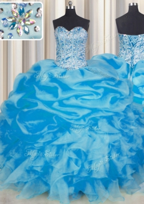 Wonderful Blue Ball Gowns Beading and Ruffles and Pick Ups Quince Ball Gowns Lace Up Organza Sleeveless Floor Length