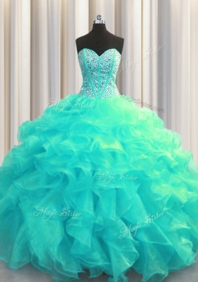 Admirable Visible Boning Sweetheart Sleeveless Organza 15th Birthday Dress Beading and Ruffles Lace Up