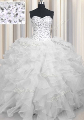 Admirable White Lace Up Sweetheart Beading and Ruffles Quinceanera Dresses Organza Sleeveless