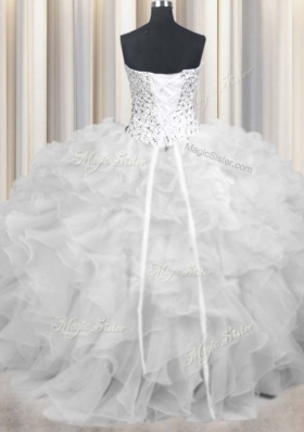 Admirable White Lace Up Sweetheart Beading and Ruffles Quinceanera Dresses Organza Sleeveless