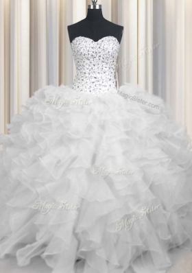 Admirable White Lace Up Sweetheart Beading and Ruffles Quinceanera Dresses Organza Sleeveless