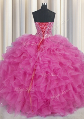 Affordable Visible Boning Hot Pink Ball Gowns Organza Sweetheart Sleeveless Beading and Ruffles Floor Length Lace Up Quinceanera Dresses