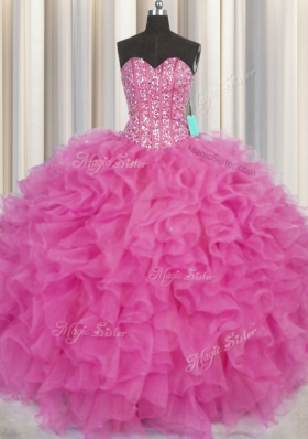 Affordable Visible Boning Hot Pink Ball Gowns Organza Sweetheart Sleeveless Beading and Ruffles Floor Length Lace Up Quinceanera Dresses