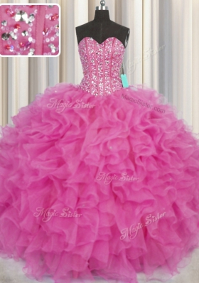 Affordable Visible Boning Hot Pink Ball Gowns Organza Sweetheart Sleeveless Beading and Ruffles Floor Length Lace Up Quinceanera Dresses