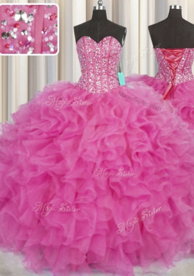 Affordable Visible Boning Hot Pink Ball Gowns Organza Sweetheart Sleeveless Beading and Ruffles Floor Length Lace Up Quinceanera Dresses