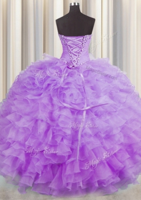 Beauteous Organza Sweetheart Sleeveless Lace Up Beading and Ruffles Quinceanera Dress in Lilac