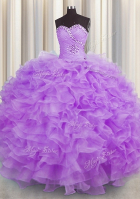 Beauteous Organza Sweetheart Sleeveless Lace Up Beading and Ruffles Quinceanera Dress in Lilac