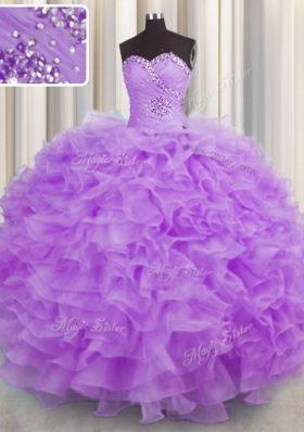 Beauteous Organza Sweetheart Sleeveless Lace Up Beading and Ruffles Quinceanera Dress in Lilac