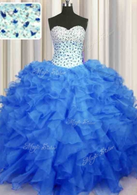 Blue Sweetheart Neckline Beading and Ruffles Sweet 16 Dress Sleeveless Lace Up