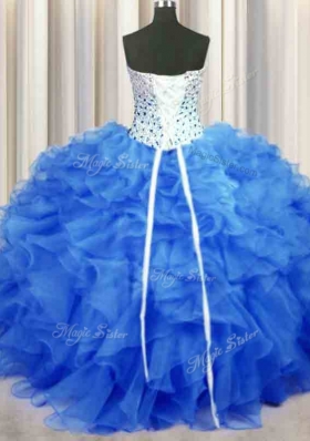 Blue Sweetheart Neckline Beading and Ruffles Sweet 16 Dress Sleeveless Lace Up