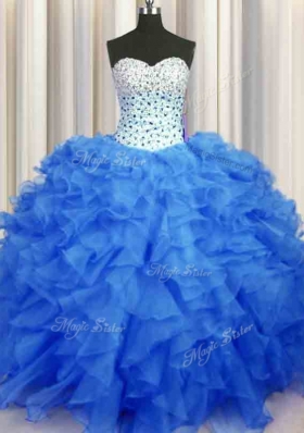 Blue Sweetheart Neckline Beading and Ruffles Sweet 16 Dress Sleeveless Lace Up