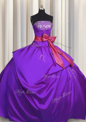 Bowknot Strapless Sleeveless Lace Up Sweet 16 Dress Purple Taffeta